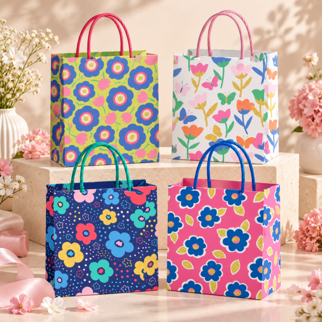Jumbo Kraft Retro Flower Gift Bag with Glitter 4 assorted designs