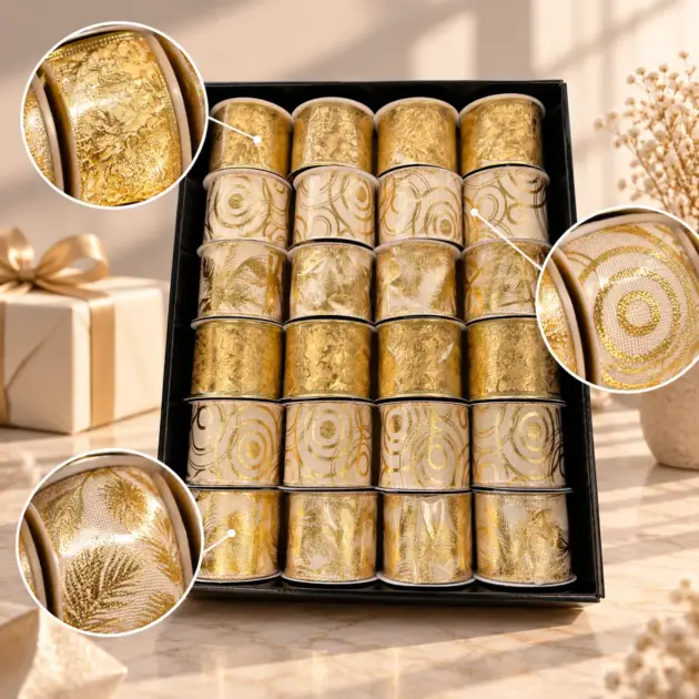 Christmas Burlop with Gold Foil Wired Ribbon in PDU 6 Assorted Designs 2.5 inch X 8.85 Ft