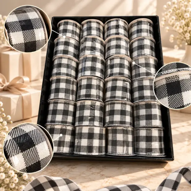 Christmas Buffalo Plaid Wired Ribbon in PDU 6 Assorted Designs 2.5 inch X 9 Ft