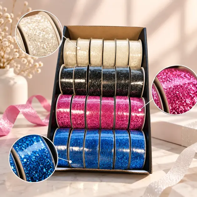 Singleface Sequin Valvet Ribbon 4 Assorted Colours 25mm X 2.75M