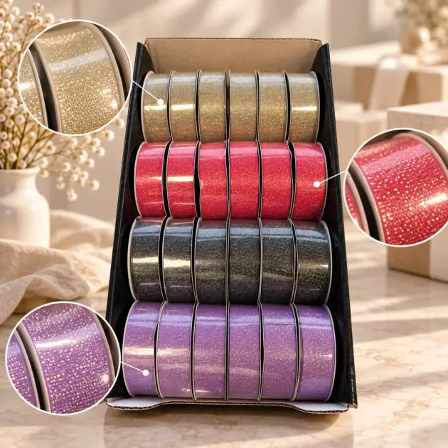 Gold Weft Herringnone Ribbon 4 Assorted Colours 25mm X 2.75 M