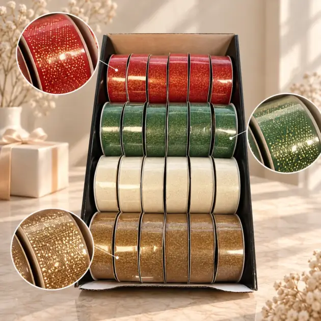 Gold Weft Herringnone Ribbon 4 Assorted Colours 25mm X 2.75 M